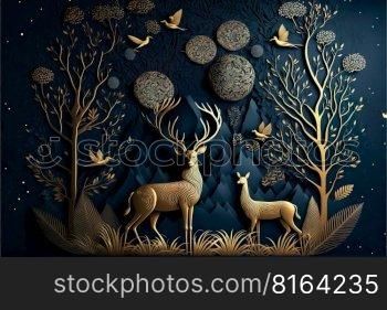 Paper art , jungle or forest with Christmas tree, mountain, deer, birds, wallpaper background , Generative Ai