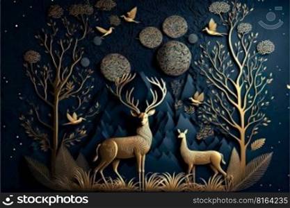 Paper art , jungle or forest with Christmas tree, mountain, deer, birds, wallpaper background , Generative Ai