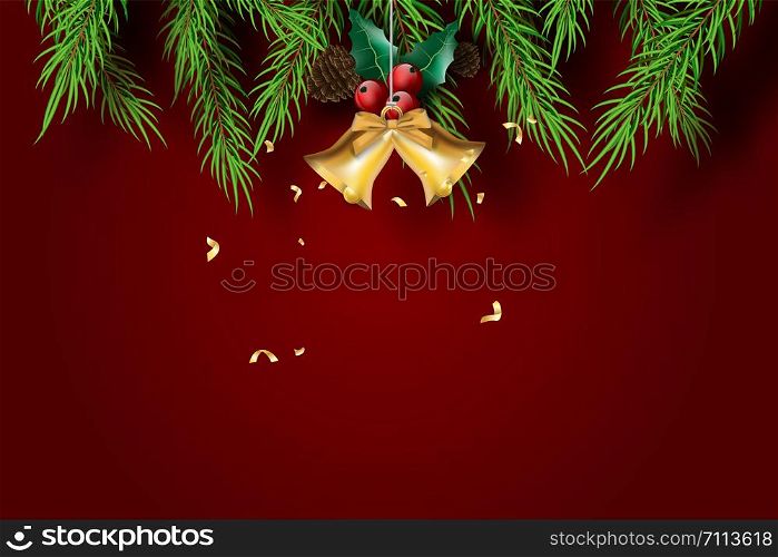 Paper art of Merry Christmas and Happy New Year with red tone background.Creative minimal pine tree and Golden bell for greeting card.Holiday festival party decoration element graphic poster.Vector