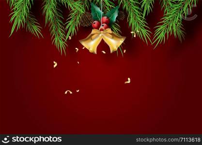 Paper art of Merry Christmas and Happy New Year with red tone background.Creative minimal pine tree and Golden bell for greeting card.Holiday festival party decoration element graphic poster.Vector