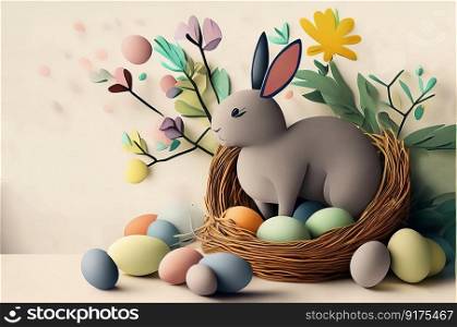 Paper art style of happy Easter bunny background. Generative AI.