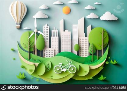 Paper art style , Paper cut of eco city design Green energy concept and environment conservation , Generative Ai