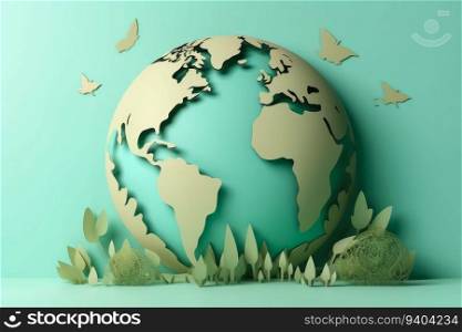 Paper Art , World environment and earth day concept , Green planet environmental protection , Save the planet , Generate Ai