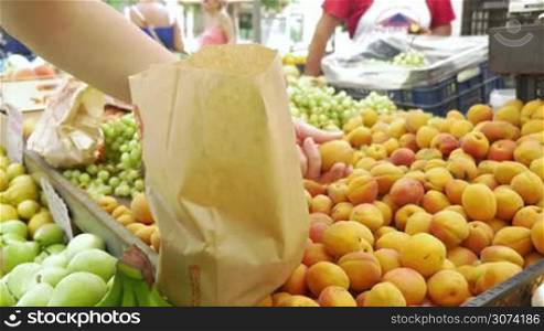 Paper bag is standing on the street vending table, unseen buyer is putting apricots into it.