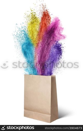 Paper bag isolated on white. Paper bag with color powder splash isolated on white background