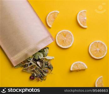 Paper bag with dry loose leaf tea with lemon slices