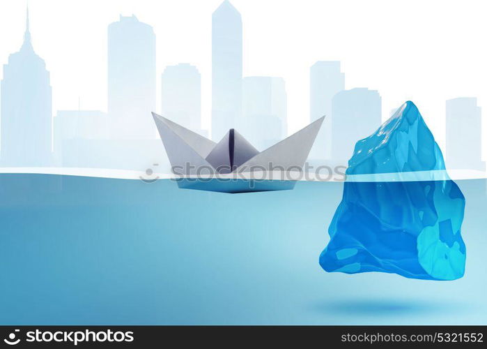 Paper boat almost hitting iceberg - 3d rendering