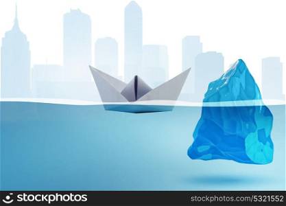 Paper boat almost hitting iceberg - 3d rendering