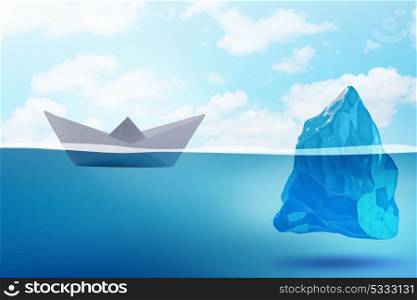 Paper boat almost hitting iceberg - 3d rendering