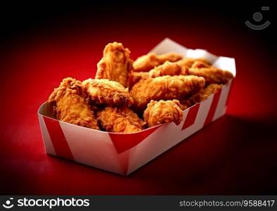 Paper box with tasty fried chicken on red backgrpund.AI Generative