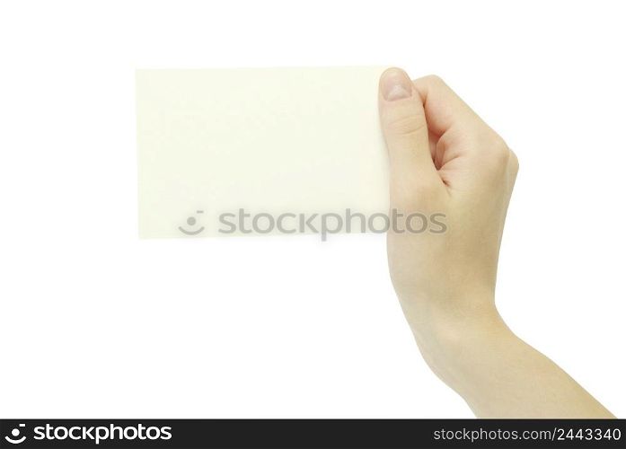 Paper card in hand isolated on white background