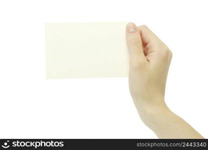 Paper card in hand isolated on white background