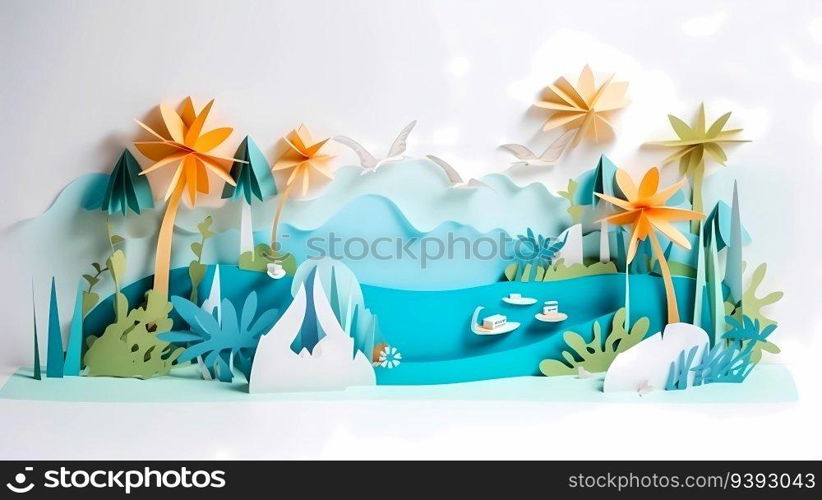 Paper craft illustration of Beautiful tropical island in the ocean with palm trees, sand beach, nature. Paper craft illustration of Beautiful tropical island in the ocean with palm trees, sand beach, nature.