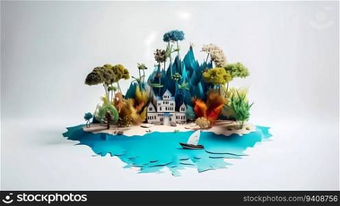 Paper craft illustration of Beautiful tropical island in the ocean with palm trees, sand beach, nature. Paper craft illustration of Beautiful tropical island in the ocean with palm trees, sand beach, nature.