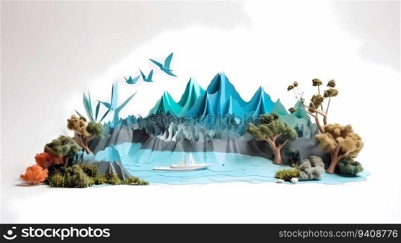 Paper craft illustration of Volcano island in the ocean with big mountain.. Paper craft illustration of Volcano island in the ocean with big mountain