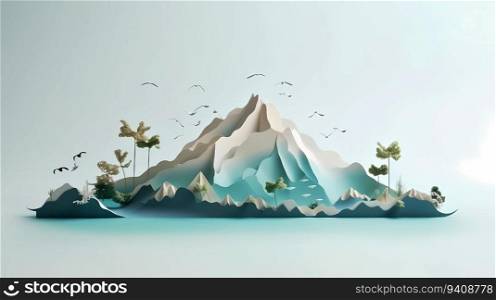 Paper craft illustration of Volcano island in the ocean with big mountain.. Paper craft illustration of Volcano island in the ocean with big mountain