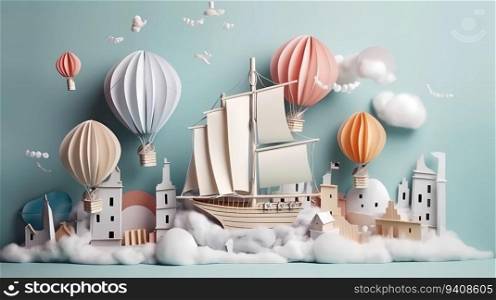 Paper craft whimsical fantasy illustration of sail ship, caravelle in the sea. Paper craft whimsical fantasy illustration of sail ship, caravelle in the sea.