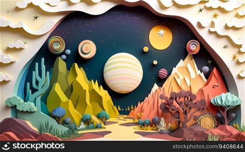 Paper craft whimsical fantasy landscape with gradient fade colors. Vector 3D abstract background with paper cut shapes. Colorful carving art.. Paper craft whimsical fantasy landscape with gradient fade colors. Vector 3D abstract background with paper cut shapes. Colorful carving art