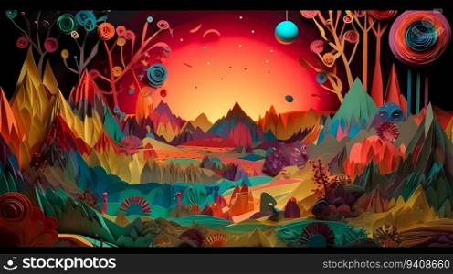Paper craft whimsical fantasy landscape with gradient fade colors. Vector 3D abstract background with paper cut shapes. Colorful carving art.. Paper craft whimsical fantasy landscape with gradient fade colors. Vector 3D abstract background with paper cut shapes. Colorful carving art