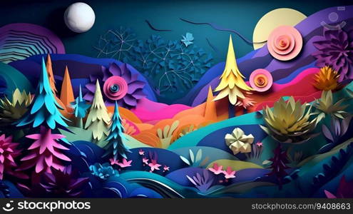 Paper craft whimsical fantasy landscape with gradient fade colors. Vector 3D abstract background with paper cut shapes. Colorful carving art.. Paper craft whimsical fantasy landscape with gradient fade colors. Vector 3D abstract background with paper cut shapes. Colorful carving art