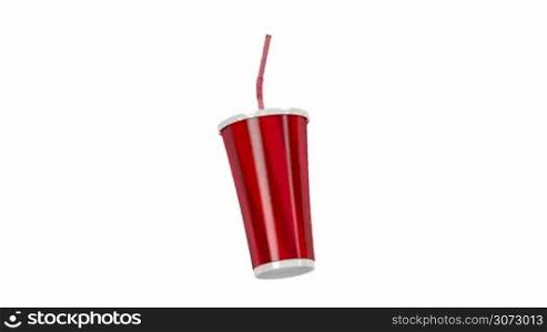 Paper cup with bendable straw spin on white background