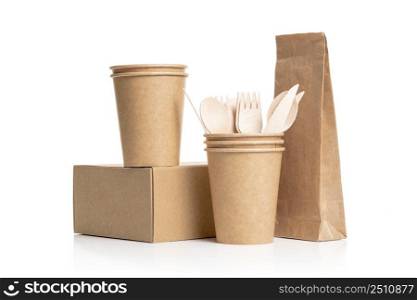 Paper cups, box and paper bag made of eco kraft paper. Wooden cutlery set. Recycling concept. Zero waste.