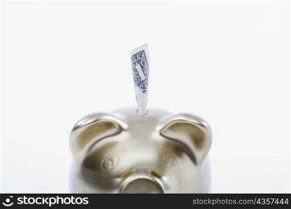 Paper currency sticking out of a piggy bank
