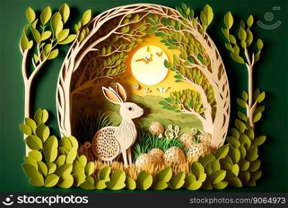 Paper cut background with rabbit and Easter eggs. Intricate details. Generative AI .. Paper cut background with rabbit and Easter eggs. Intricate details. Generative AI