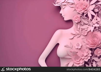 Paper cut , Breast cancer awareness day, Body Woman with flowers on pink background , Generate Ai
