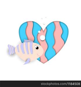Paper cut fish flow on heart isolated on white background, blue and pink colors design element for baby shower greeting card, Valentine day sticker. Love symbol, 3d Illustration, icon, clip art. fish flow at paper cut heart on white background