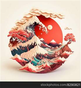 Paper Cut Mountain Landscape with Glowing Sunset Sky. Paper Cut Mountain Landscape with Glowing Sunset Sky AI Generated