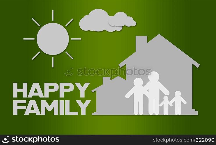Paper cut of happy family on green background, 3D rendering