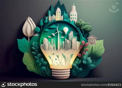 Paper cut of light bulb with green eco city , Renewable energy by 2050 Carbon neutral energy or greenhouse gas emission CO2 , Save energy creative idea concept , Generative Ai