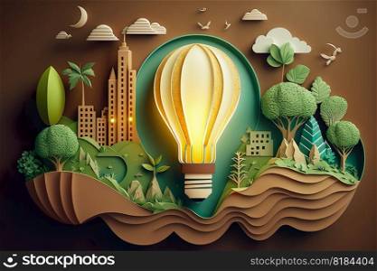Paper cut of light bulb with green eco city , Renewable energy by 2050 Carbon neutral energy or greenhouse gas emission CO2 , Save energy creative idea concept , Generative Ai