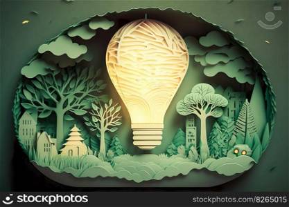 Paper cut of light bulb with green eco city , Save energy creative idea concept , Renewable energy by 2050 Carbon neutral energy or greenhouse gas emission CO2 , Generative Ai