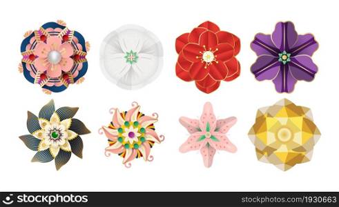 Paper cut origami flowers is elements for decorations. Isolated illustration is on white background.