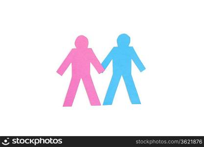 Paper cut out figures holding hands over white background
