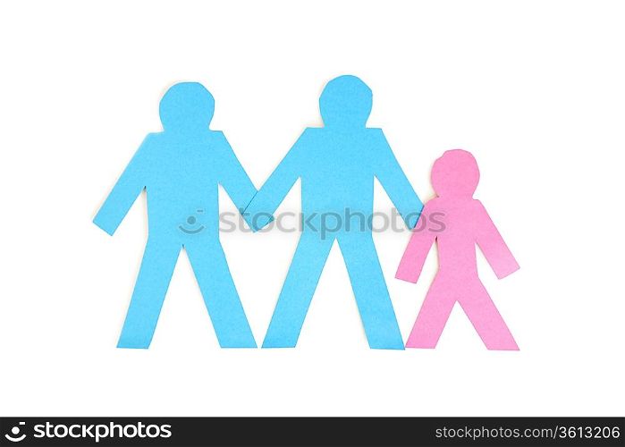Paper cut outs of three stick figures over white background