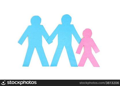 Paper cut outs of three stick figures over white background