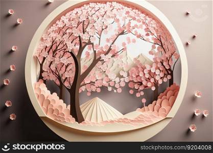 Paper cut spring floral background with blooming cherry blossom tree in circle on pink pastel background. Creative spring design for cards. Generative AI. Paper cut spring floral design with blooming cherry blossom tree. Generative AI