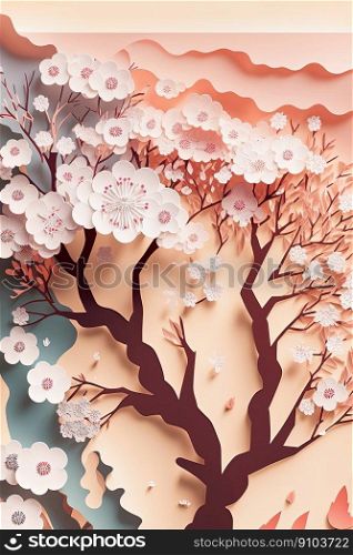 Paper cut spring floral background with blooming cherry blossom tree on pink background. Creative spring design for cards. Paper cut spring floral design for card with blooming cherry blossom tree