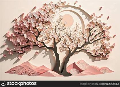 Paper cut spring floral background with blooming cherry blossom tree on pink pastel background. Creative spring design for cards. AI. Paper cut spring floral design for card with blooming cherry blossom tree. AI