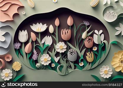 Paper cut spring floral background with blooming flowers. Creative spring design for cards. Paper cut spring floral design for card with blooming flowers