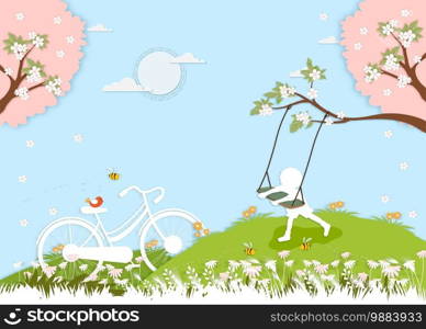Paper cut Spring village landscape little boy playing swing under sakura tree with vintage bike,Vector paper art kid playing in the park,bird standing on bicycle with cherry blossom in sunny day.