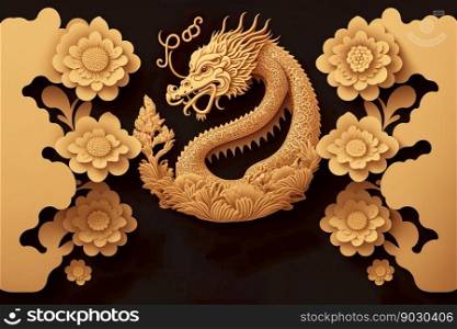 Paper cut style , Happy chinese new year 2024 , the dragon zodiac and flower with gold style on color background , Generative Ai