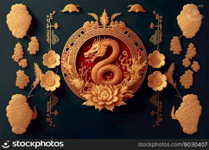 Paper cut style , Happy chinese new year 2024 , the dragon zodiac and flower with gold style on color background , Generative Ai