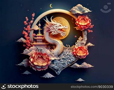 Paper cut style , Happy chinese new year , the dragon zodiac and flower with gold style on color background , Generative Ai