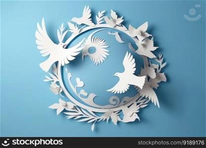 Paper cut style , Paper art of International Peace Day , White pigeon flying with flowers on blue background , Generate Ai