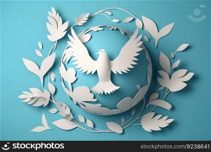 Paper cut style , Paper art of International Peace Day , White pigeon flying with flowers on blue background , Generate Ai