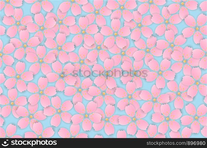Paper cut style pink Cherry Blossom Sakura flowers blooming seamless background.